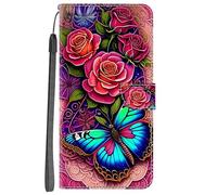 YKTO Funda para OPPO A16 Protectora Piel PU Case Carcasa Pintado Caja del Teléfono Billetera Protector Ranuras de Tarjeta y Plegable para OPPO A16,Flores Mariposa Brillante
