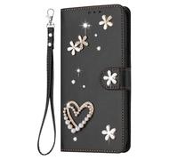 YKTO Funda Tipo Cartera para ITEL A49 Play, Diseño con Pedrería en Forma de Corazón Strass, Brillo Funda para ITEL A49 Play Glitter Phone Case,Negro