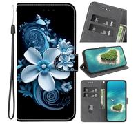 YKTO Libro Case para Nokia C2 2nd Edition Funda Carcasa con Tapa de Cuero Piel Wallet Flip Cover con Kickstand, Hebilla Magnetica, Ranuras para Nokia C2 2nd Edition，Efecto 3D Flor Azul y Blanca