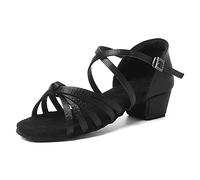 YKXLM Zapatos de Baile Latino para Niña Punta Abierta de Salsa Tango Bachata Práctica de Salon,tacón 3.5 cm,Negro,EU 27.5