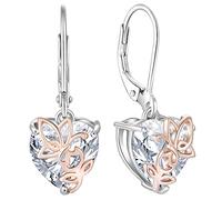 YL Pendientes de Corazónde Rosa Mariposa plata de ley 925 con Pendientes de Circonita blanca con piedra natal de abril para mujer