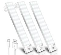 Ylatoial Luz LED Armario con Sensor Movimiento, 23CM Led Cocina Bajo Mueble 5000K USB Recargable 1000mAh, Luz LED Adhesiva para Cocina, Armario, Escalera, Pasillo, Garaje-3 Piezas