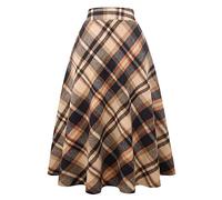 Ylingjun Falda Larga de Lana a Cuadros para Mujer, Invierno, otoño, Cintura elástica Alta, Acampanada, Plisada, Falda de tartán de Lana, Marrón, XX-Large