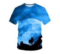 YLLMNOBN Camiseta con Estampado 3D de aullido de Lobo y Luna Azul, Camiseta Informal de Manga Corta para Hombre, Ideal para Vacaciones de Verano en la Playa.