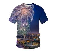 YLLMNOBN Camiseta con Estampado 3D de Hermosos Fuegos Artificiales en la Ciudad, Camiseta Informal de Manga Corta para Hombre, Ideal para Vacaciones de Verano en la Playa.