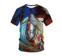 YLLMNOBN Camiseta de Manga Corta con Cuello Redondo, Estampado 3D Transpirable de Secado rápido y Pintura al óleo de Caballo Abstracto para Hombre, Ideal para el Verano.