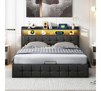 YLSZHY Marco doble de 160 x 200 cm con luz LED y estación de carga, cama elevadora acolchada con espacio de almacenamiento y cabecero con espacio de almacenamiento, soporte de listones de madera, no