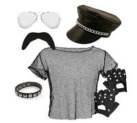YMCA - Juego de accesorios Macho Man de los años 70, parte superior de malla grande, sombrero de motociclista, gafas de sol, brazalete con tachuelas, guantes sin dedos, disfraz de motociclista gay