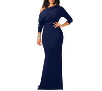 YMDUCH Vestido Formal de Noche Sexy y Elegante de Manga Larga con Hombros Descubiertos para Mujer, Marino, Small