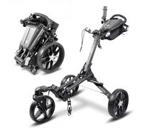 YMDXONE Carro de golf de 3 ruedas con rueda delantera giratoria de 360°: diseño plegable, compartimento de almacenamiento integrado, asa ajustable en altura, soporte para teléfono/GPS/tarjeta de
