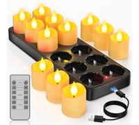 Yme 12 Piezas Velas de Té LED Recargables USB con Base de Carga, Vela LED Efecto Llama Velas Electricas Decorativas con Mando a Distancia para Halloween Navidad Fiesta Hogar Cara Decoración