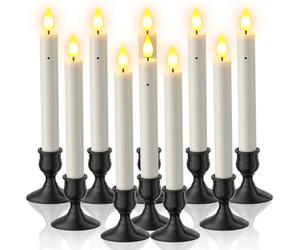 Yme Velas cónicas LED con sensor de atardecer a amanecer, paquete de 10 velas cónicas sin llama que funcionan con pilas con efecto de llama parpadeante y soportes resistentes para ventana del hogar
