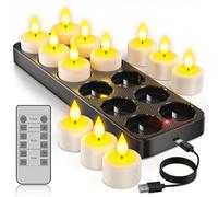 Yme Velas de Té LED Recargables USB con Base de Carga, 12 Piezas Vela LED Efecto Llama Velas Electricas Decorativas con Mando a Distancia para Halloween Navidad Fiesta Hogar Cara Decoración