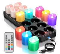 Yme Velas de Té LED Recargables USB con Base de Carga, 12 Piezas Vela LED Efecto Llama Velas Electricas Decorativas con Mando a Distancia para Halloween Navidad Fiesta Hogar Cara Decoración - RGB