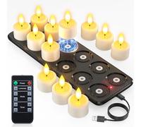 Yme Velas de Té LED Recargables USB con Base de Carga Magnética, 12 Piezas Vela LED Efecto Llama Velas Electricas Decorativas con Mando a Distancia para Halloween Navidad Fiesta Hogar Cara Decoración