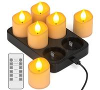 Yme Velas de té recargables con función de temporizador y estación de carga, 6 velas LED recargables, parpadeantes, con mando a distancia, temporizador para habitaciones, salones, Halloween, calabazas