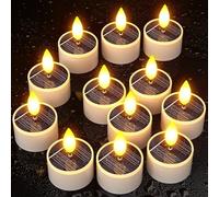 Yme Velas solares de té, paquete de 12 velas pequeñas recargables con pilas LED parpadeantes sin llama con sensor del atardecer al amanecer para decoración de fiestas al aire libre, impermeables, para