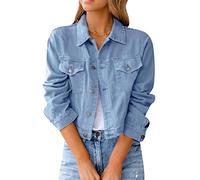 YMING Color Sólido Chaqueta para Mujeres Botón Tops Solapa Larga Chaqueta Jean Manga Larga Boyfreind Camisa Azul Claro L