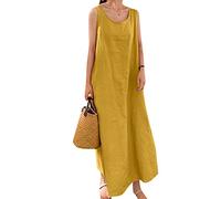 YMING Color Sólido Maxi Tank Vestidos para Mujeres Algodón Lino Vestido Largo Casual Sin Mangas Vestido con Cuello Redondo Amarillo S