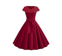 YMING Elegante Verano Audrey Hepburn Vestidos para Mujeres Baile Prom Vestido De Fiesta De Cintura Alta Vestido De Manga Corta Rockabilly V Cuello Vestidos Vino Tinto XS
