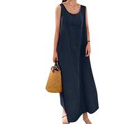 YMING Las Mujeres De Moda De Color Sólido Midi Vestidos De Playa De Lino De Algodón Sundress Vestido Largo Sin Mangas Azul Marino 3XL