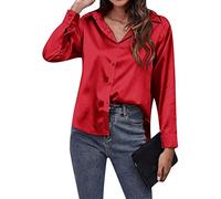 YMING Las Mujeres De Satén De Seda Suave Botón Abajo Camisas De Seda De Manga Larga De Trabajo De Moda Camisa Rojo XL