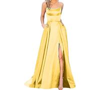 YMING Las Mujeres Elegantes Vestidos De Fiesta Sin Espalda De Alta Hendidura Sin Mangas Vestido De Cóctel De Una Línea Maxi Vestidos Amarillo XS