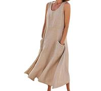 YMING Las Mujeres Sin Mangas Vestido Cuello Redondo De Algodón De Lino Vestido De La Camisa Casual Flowy Ligero Vestido del Tanque Caqui S