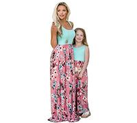 YMING Madre E Hija Vestido De Línea A Vestido Sin Mangas Vestido Familiar Bohemio Vestido De Cuello Redondo Flores Azules 5-6 Años