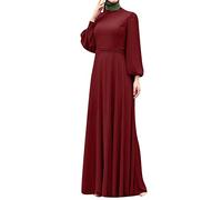 YMING Mujeres Abaya Islámica Oración Vestido Mezquita Musulmana Madrassa Vestido Ramadán Eid Cuello Alto Vestido con Cinturón Vino Tinto L