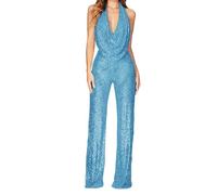 YMING Mujeres Cuello De Vaca Viaje Elegante Bodycon Jumpsuit Fiesta De Cóctel Alta Cintura Acogedor Elegante Azul Cielo XXL