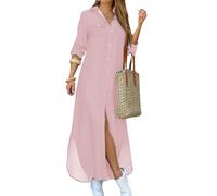 YMING Mujeres Maxi Vestidos Cuello En V Camisa Vestidos Mangas Enrolladas Vestido Informal con Botones Vestidos Largos De Verano