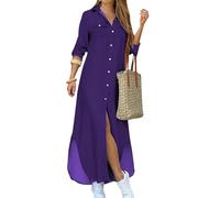 YMING Mujeres Maxi Vestidos Cuello En V Camisa Vestidos Mangas Enrolladas Vestido Informal con Botones Vestidos Largos De Verano