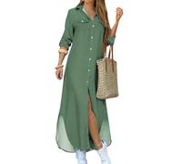 YMING Mujeres Maxi Vestidos Cuello En V Camisa Vestidos Mangas Enrolladas Vestido Informal con Botones Vestidos Largos De Verano