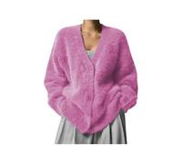 YMING Mujeres Un Solo Pecho De La Oficina Sin Cuello Cardigan Suéter Peluche Botón De Comodidad Delantero De Punto Cardigans Rosa Roja XL
