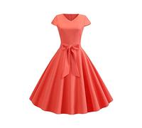 YMING Verano Plisado Rockabilly Vestido para Mujeres Mangas Cortas Audrey Hepburn Vestidos Swing Vestido De Noche Color Sólido Vestidos con Cinturón Rojo Sandía XL