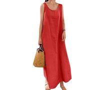 YMING Vestido Sin Mangas para Mujer Algodón Lino Vestido Color Sólido Vestidos Casual Tanque Largo Vestido Rojo Sandía M