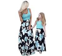 YMING Vestidos para Madre E Hija Vestido Sin Mangas De Una Línea Vestido Floral Bohemio Vestido De Cuello Redondo Flores Verdes 4-5 Años