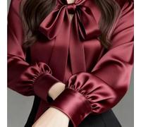YMXLWHBD Blusa Elegante para Mujer De Principios Primavera Camisa Satén Manga Larga con Lazos Y Detalle Lazo-borgoña-l