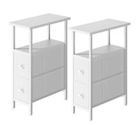 YMYNY Mesa Auxiliar Estrecha Conjunto de 2 Piezas, Mesita de Noche con Dos Cajones Tapizados en Tela, Mesa Auxiliar Sofa Adecuada para Salon dormitorios, Blanco HST019W-2