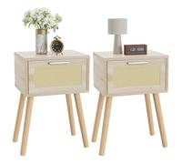 YMYNY Mesita de Noche de Ratán, Juego de 2, Mesa Auxiliar de Noche, Mesilla de Noche con Cajón magnético, Piernas de Madera Maciza, 35x27x53 cm, para Dormitorio, Oficina, Salón, Natural HST010N-2