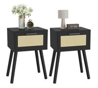 YMYNY Mesita de Noche de Ratán, Juego de 2, Mesa Auxiliar de Noche, Mesilla de Noche con Cajón magnético, Piernas de Madera Maciza, 35x27x53 cm, para Dormitorio, Oficina, Salón, Negro HST010B-2