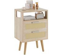 YMYNY Mesita de Noche de Ratán, Mesa Auxiliar, Mesa de café, Mesilla de Noche con 2 Cajónes, Comoda Boho, Piernas de Madera Maciza, 39x29x59 cm, para Dormitorio, Oficina, Salón, Natural HST015N