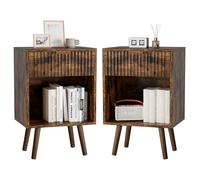 YMYNY Set de 2 Mesitas de Noche de Madera Ondulada, Mesa Auxiliar con Cajón, Compartimento Abierto, Manija Dorada, Estilo Mid-Century Moderno, para Dormitorio, Salón, Marrón Rústica HST013H-2