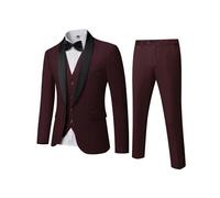YND Conjunto de esmoquin ajustado de 3 piezas para hombre, cuello de chal de un botón, chaqueta sólida, chaleco y pantalones con pajarita, granate, M