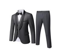 YND Conjunto de esmoquin ajustado de 3 piezas para hombre, cuello de chal de un botón, chaqueta sólida, chaleco y pantalones con pajarita, Gris Profunda, M