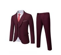 YND - Traje de 3 piezas para hombre, chaqueta lisa con un botón, chaleco, pantalones y corbata, Borgoña, S