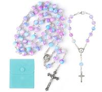 YnewL 2 Piezas Purple Blue Rosary Católico, Pulsera de Rosario y Collar - True Faith Gift Girl con Bolsa de Terciopelo, Baptismo Comunión Boda/Fiesta/Todos Los Días