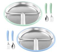 YnewL 2PCS Plato Ventosa, Extraíble Silicona Aceros Inoxidables Vajilla con Cuchara y Tenedor(Azul, Verde)