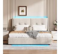 YNYHTER Cama con Maletero 160x200, Cama Hidráulica con Cabecero 2 Bolsas de Almacenamiento Came de Matrimonio con led Came Matrimonio Tapizada con Somier de Láminas, sin Colchón